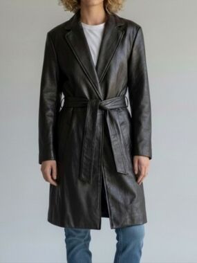 Jones New York Women's Long Black Leather Trench Coat M